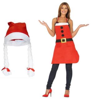 Zestaw Pani Mikołaj - Fartuch + Czapka Mikołaja z warkoczami 