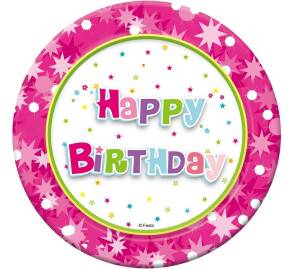 Talerzyki papierowe urodzinowe Happy Birthday (różowe) 18 cm, 6 szt.