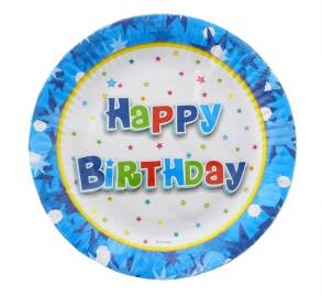 Talerzyki papierowe urodzinowe Happy Birthday (niebieskie) 18 cm, 6 szt.