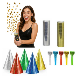 ZESTAW SYLWESTER Gwizdki x5 Czapeczki x5  Serpentyny x2 Konfetti Złote x1