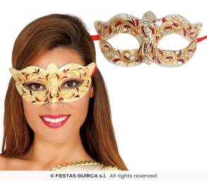 MASKA WENECKA ZŁOTA Z CZERWONYMI ZDOBIENIAMI