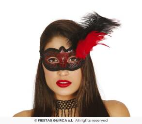 MASKA WENECKA Z PIÓRAMI I BROKATEM CZERWONO-CZARNA