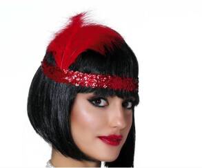 Opaska Retro Cekiny z Piórkim  Lata 20-te Czerwona